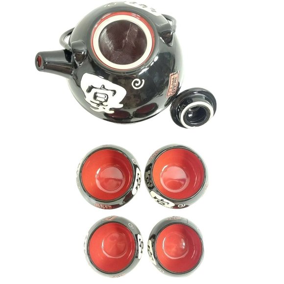 Tea Pot Asian Japanese with Strainer & 4 Sake Cups Embossed Textured 3-d Design - Picture 2 of 12